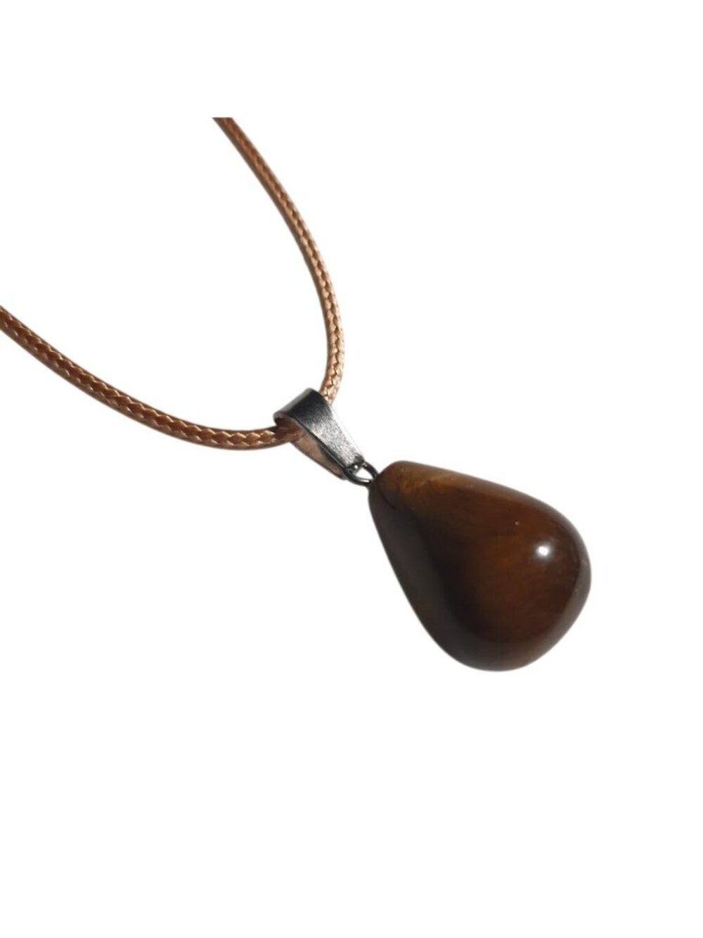 Tigers Eye Brown Teardrop Pendant Necklace Adjustable Chain Silver Tone Accent